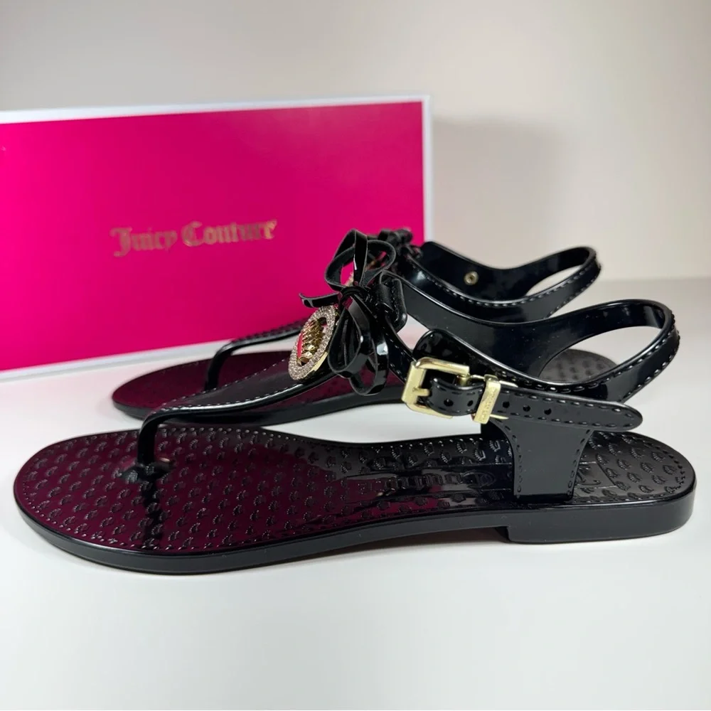 Juicy Couture Black Jelly Bow Thong Sandals Gold Crown Charm Y2k Retro Women's 7